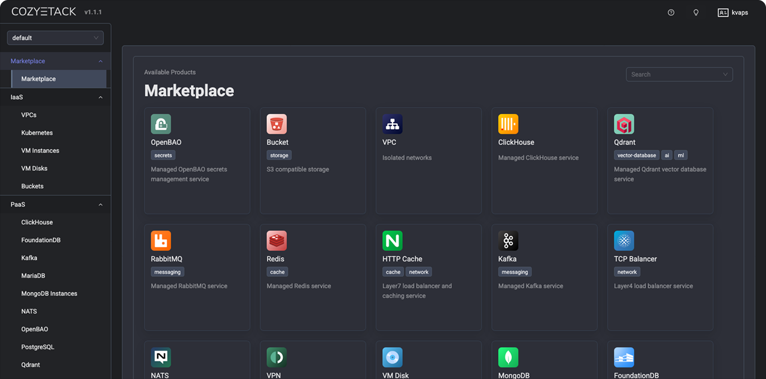 Интерфейс Cozystack — тёмная тема