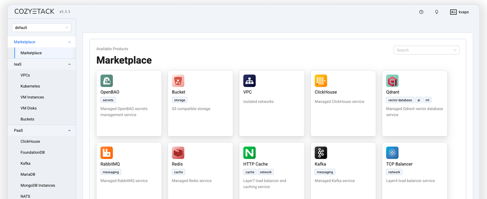 Интерфейс Cozystack — светлая тема